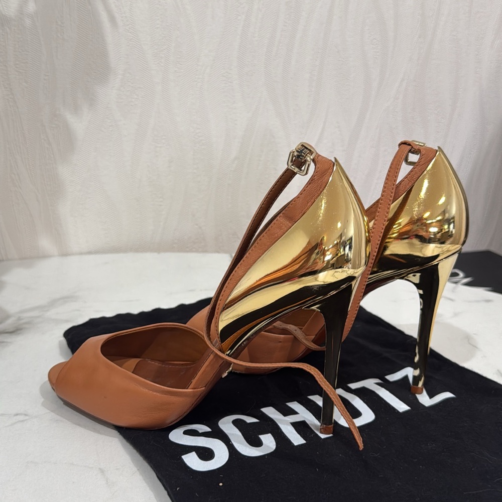 SCHUTZ Metallic Gold and Tan Heels